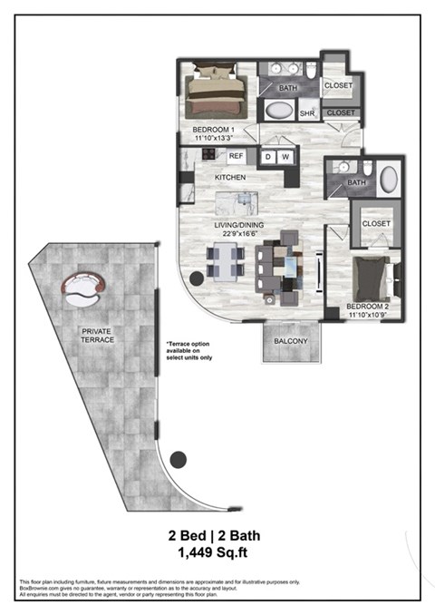 Floor plan for 2 beds, 2 baths, 1449 sqft